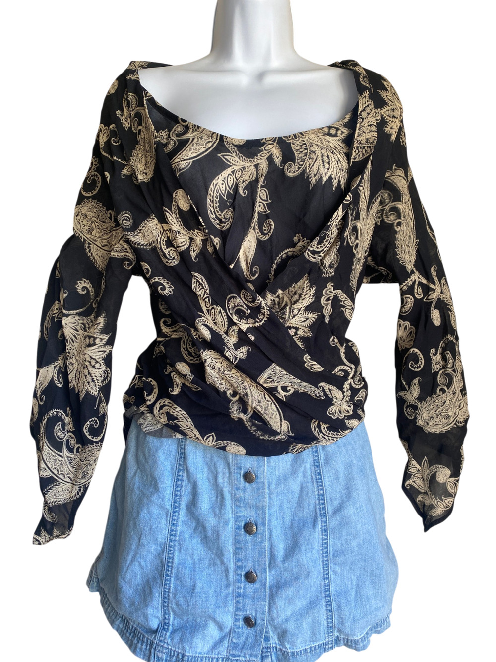 VTG Karen Kane Plus XL Boho Floral Sheer Black Blouse Whimsigoth Cottagecore